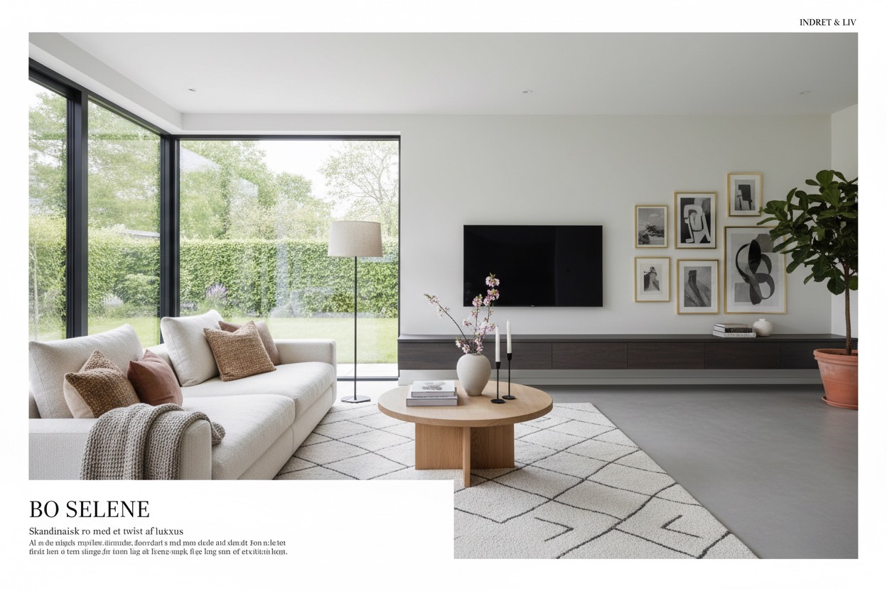A bright living room with large floor-to-ceiling windows, a cream-colored sofa, a round wooden coffee table, a wall-mounted TV, and a gallery wall of framed art.